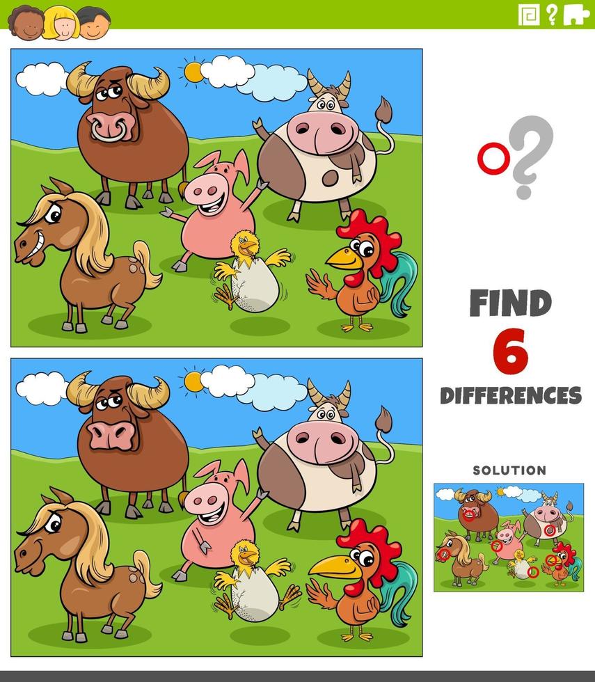 juego educativo de diferencias con animales de granja de dibujos animados vector