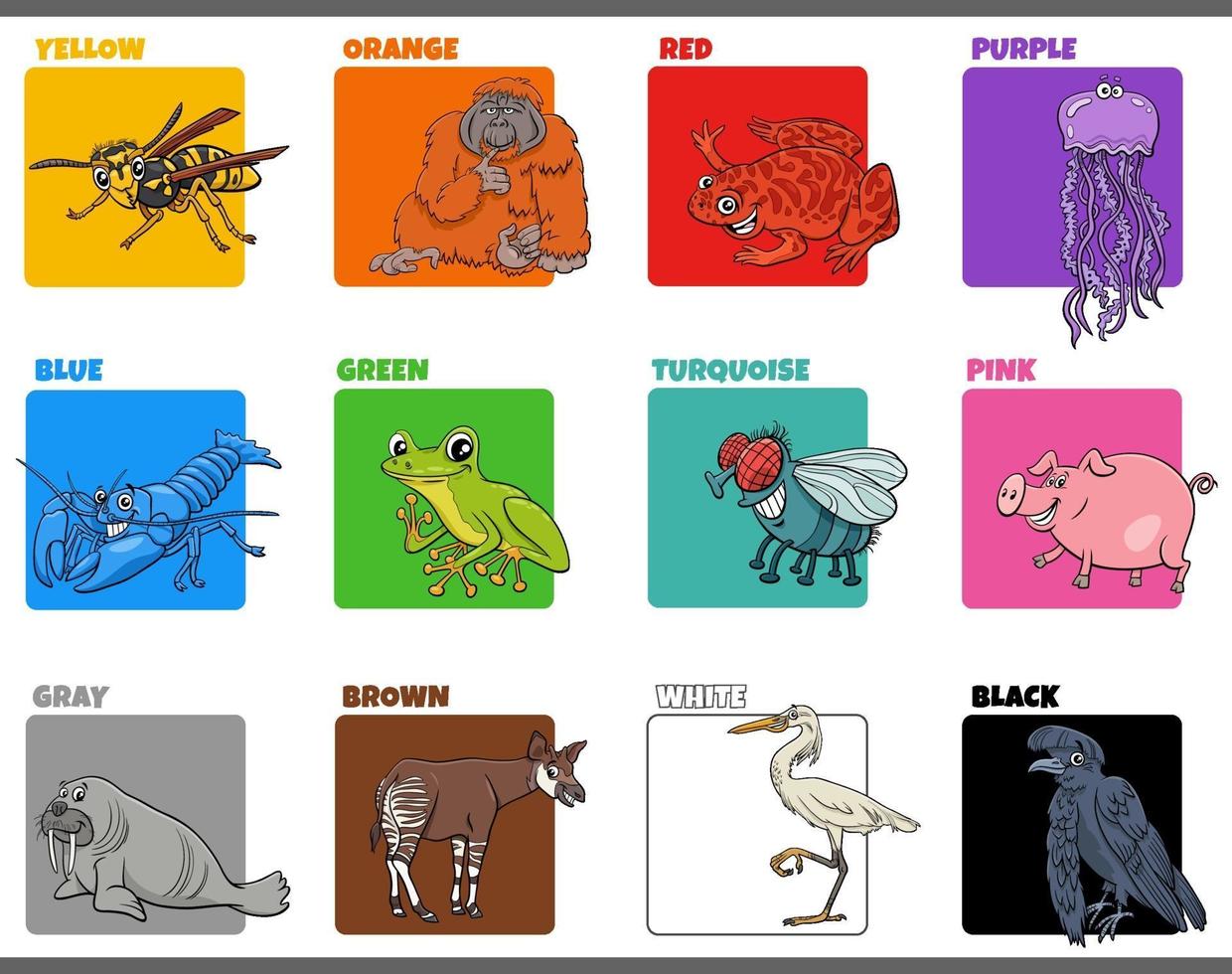 colores básicos con personajes de animales de dibujos animados vector