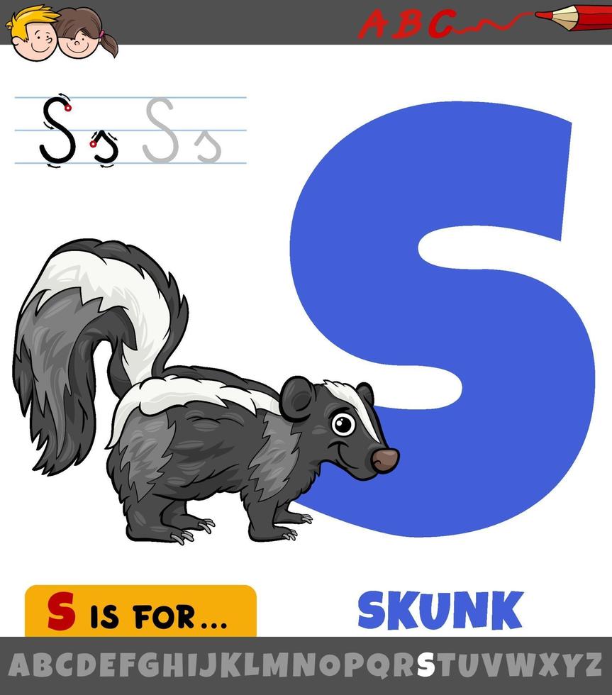 letter S worksheet with cartoon skunk animal vector