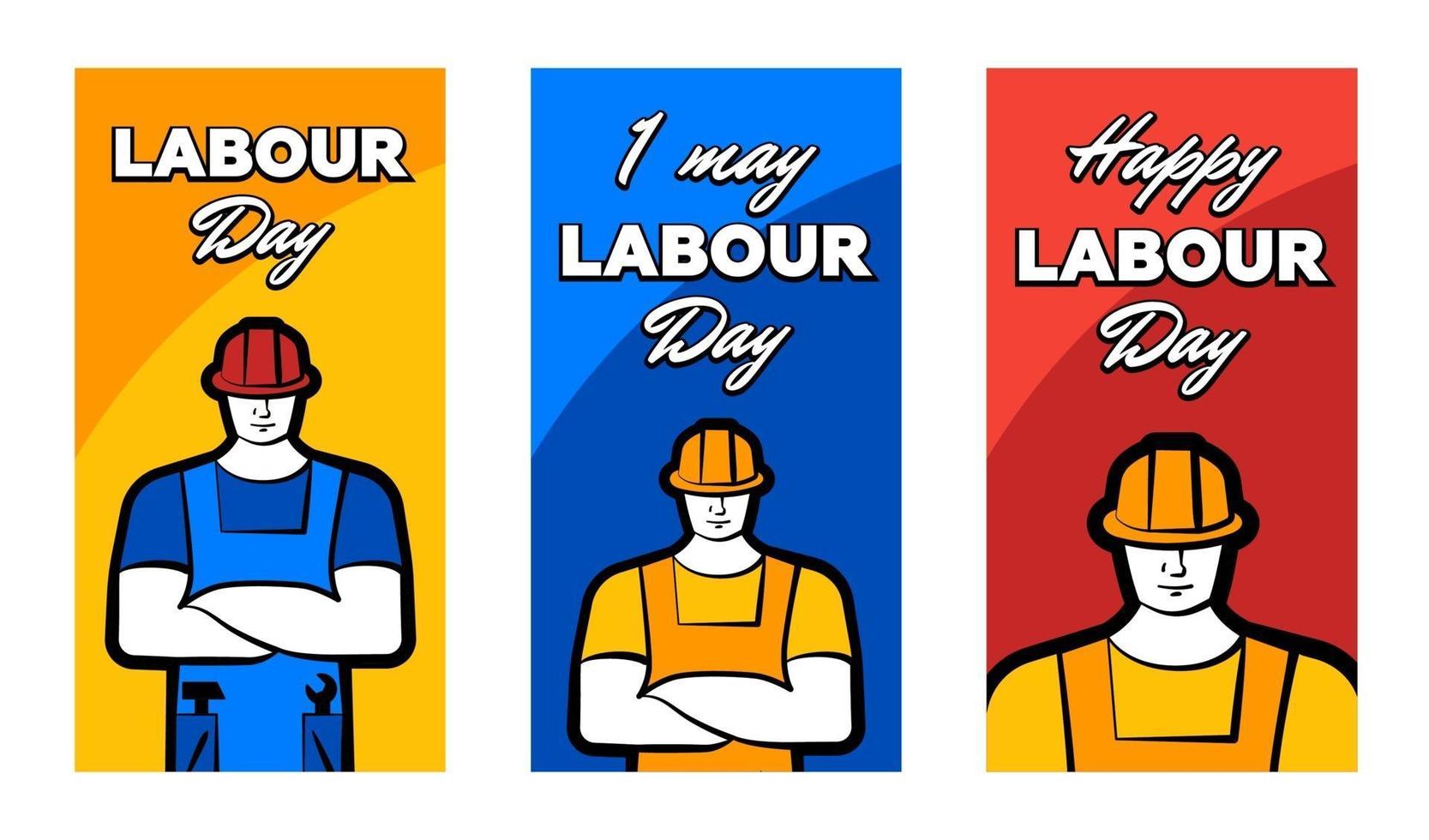 Worker man in construction helmet and inscription Happy labour day. 1 may greeting card set. Vector illustration for poster, banner, ad, promotion, flier, blog, article, social media, marketing