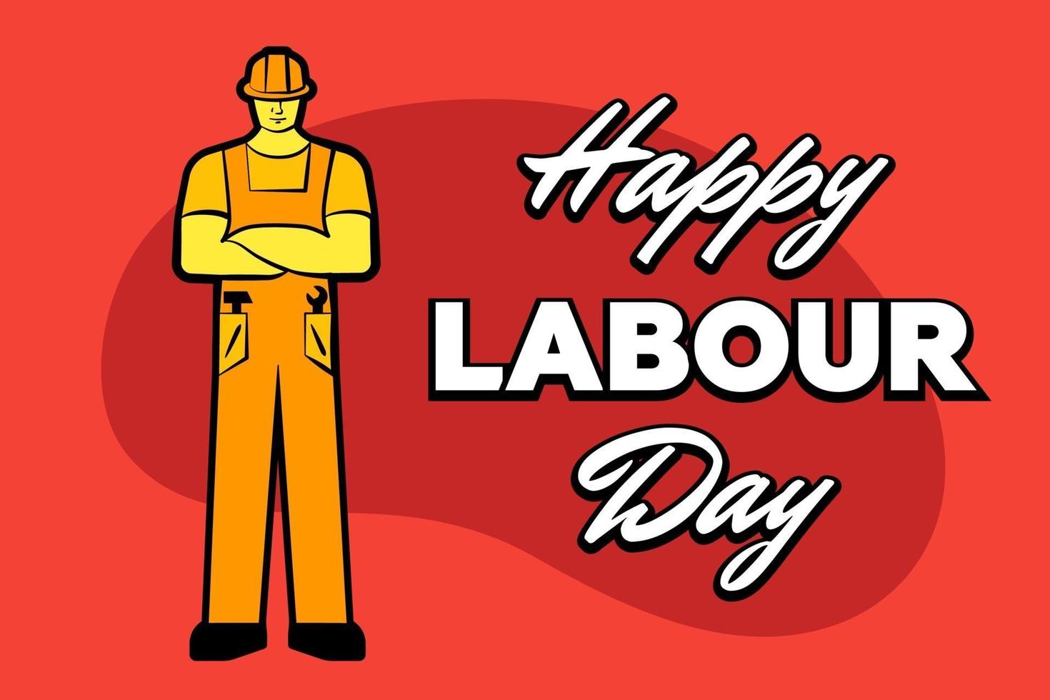 Worker man in yellow construction helmet and inscription Happy labour day. 1 may greeting card. Vector illustration for poster, banner, ad, promotion, flier, blog, article, social media, marketing