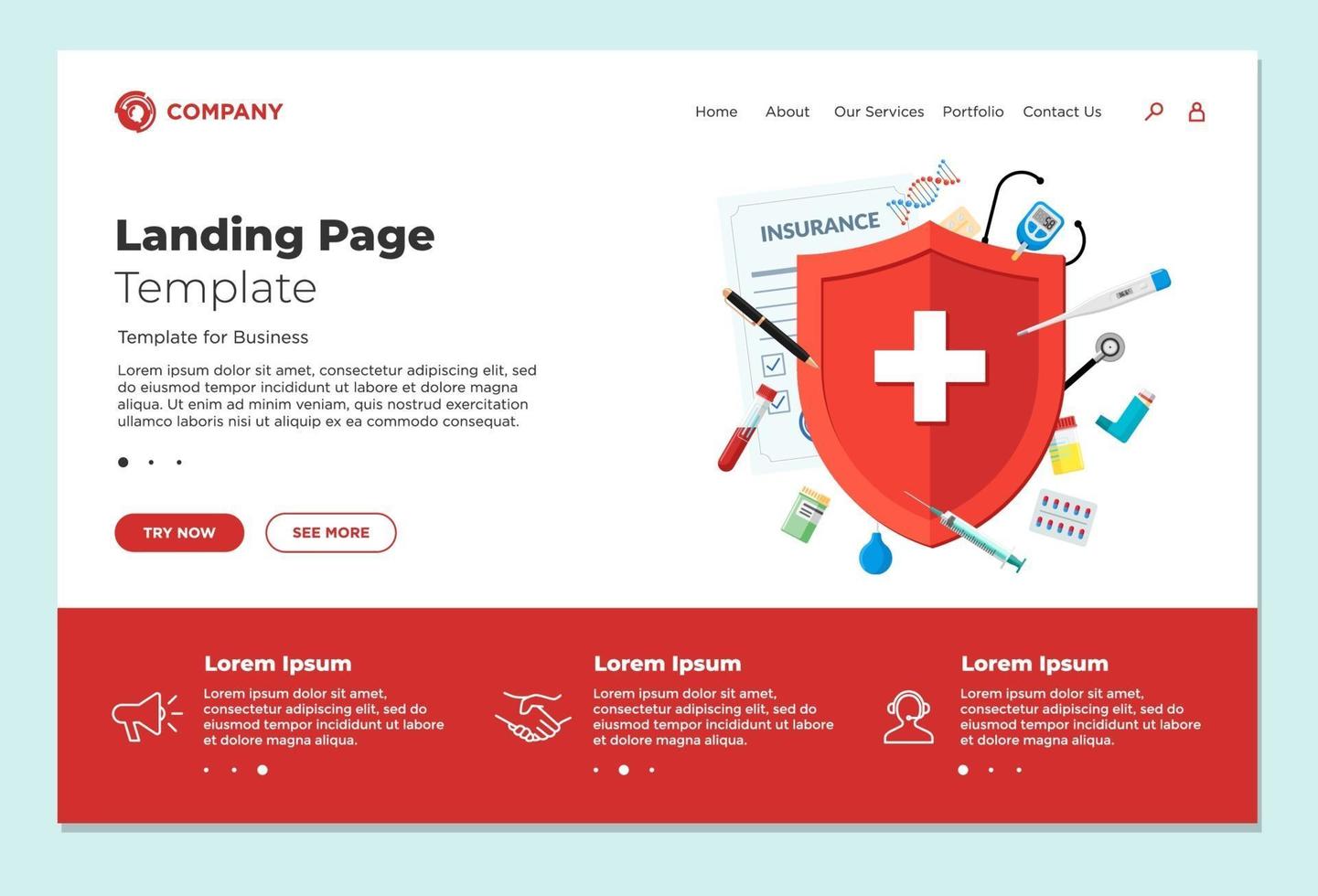 Medical insurance or immune system concept landing page design template. Red shield on patient protection policy with medicine pharmacy drugs and preparations. Vector medical website eps illustration