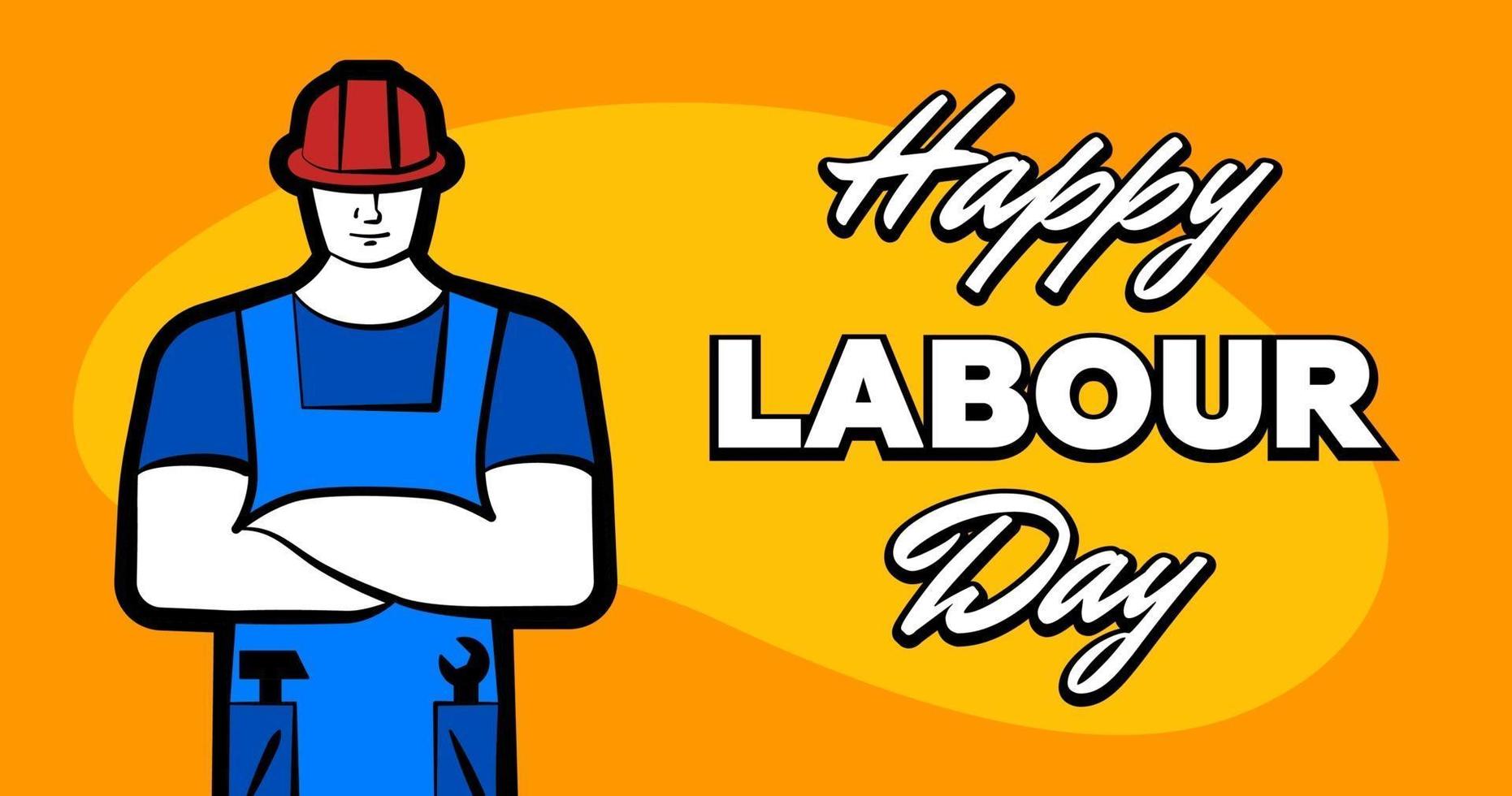 Worker man in red construction helmet and inscription Happy labour day. 1 may greeting card. Vector illustration for poster, banner, ad, promotion, flier, blog, article, social media, marketing