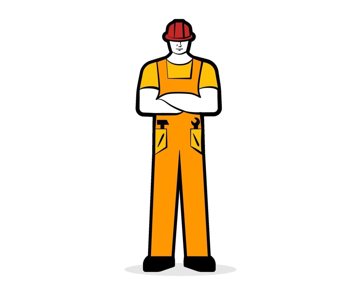 Male worker or builder in working orange clothes and construction helmet. Working concept. Vector illustration