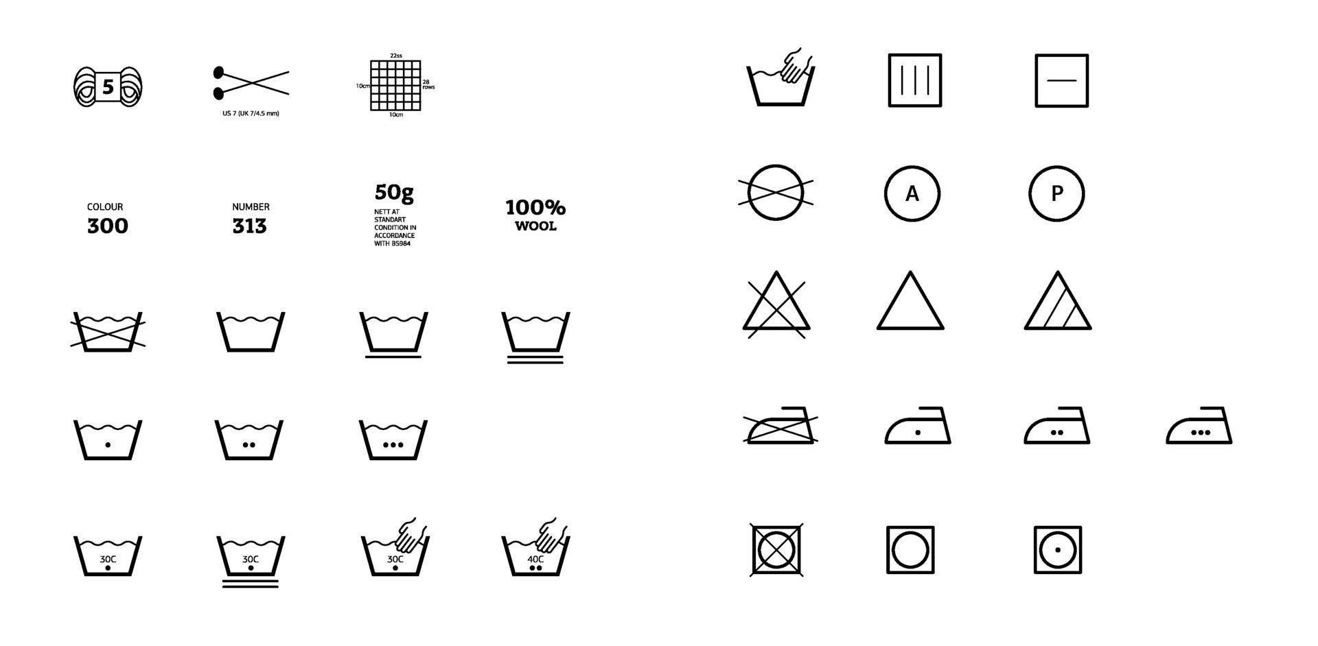 Yarn label laundering information. Vector icons fabric feature, garments property symbols. Wind proof, wool, waterproof, uv protection. Linear wear labels, textile industry clothes pictogram