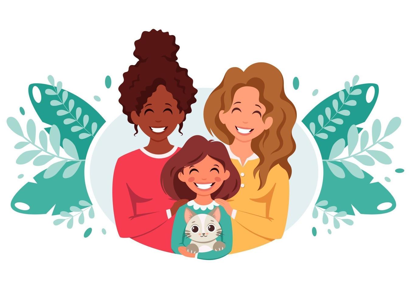 Lesbian family with daughter and cat.  LGBT family. Vector illustration in flat style.
