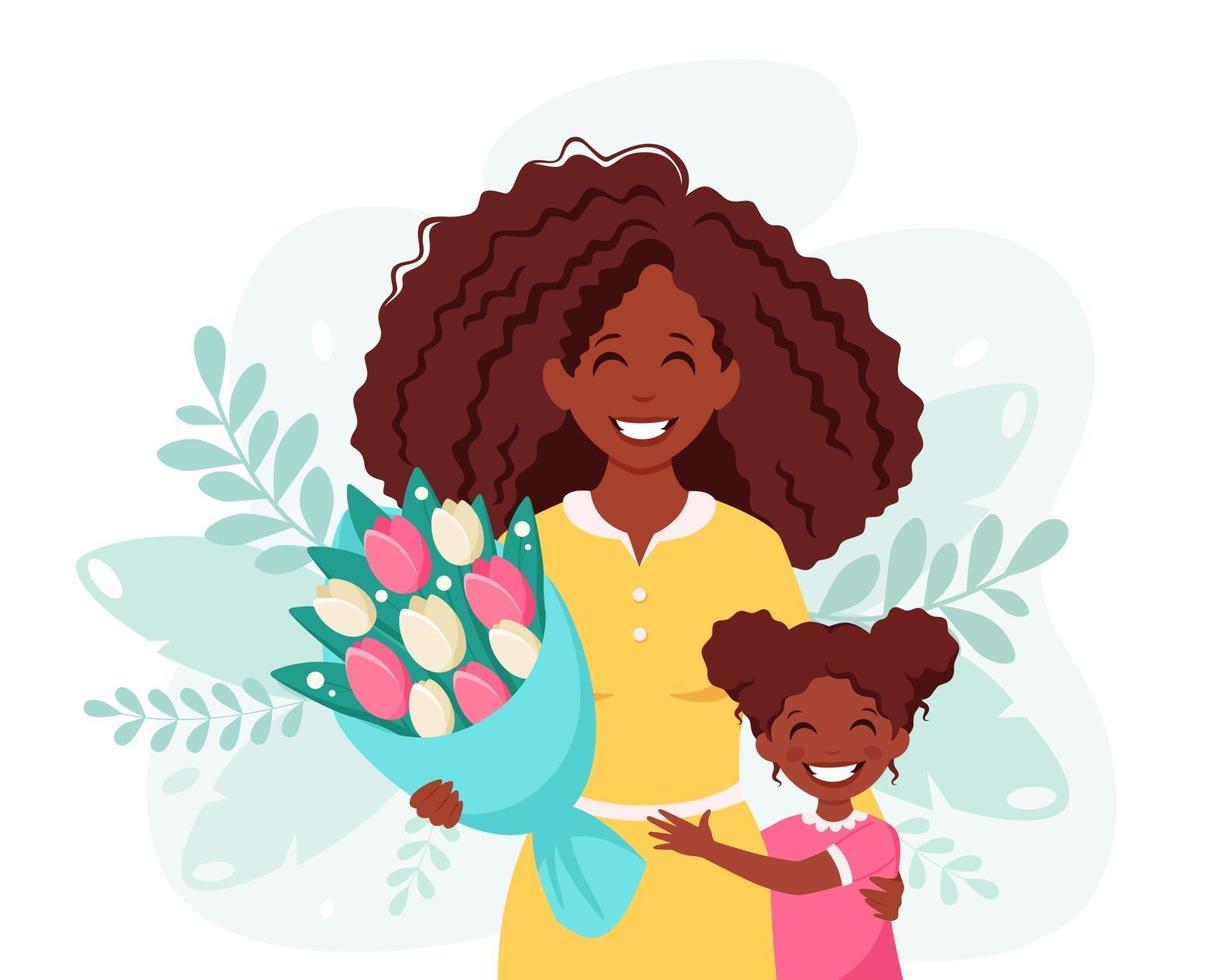 Mother's day greeting card. Black woman with bouquet of flowers and daughter vector