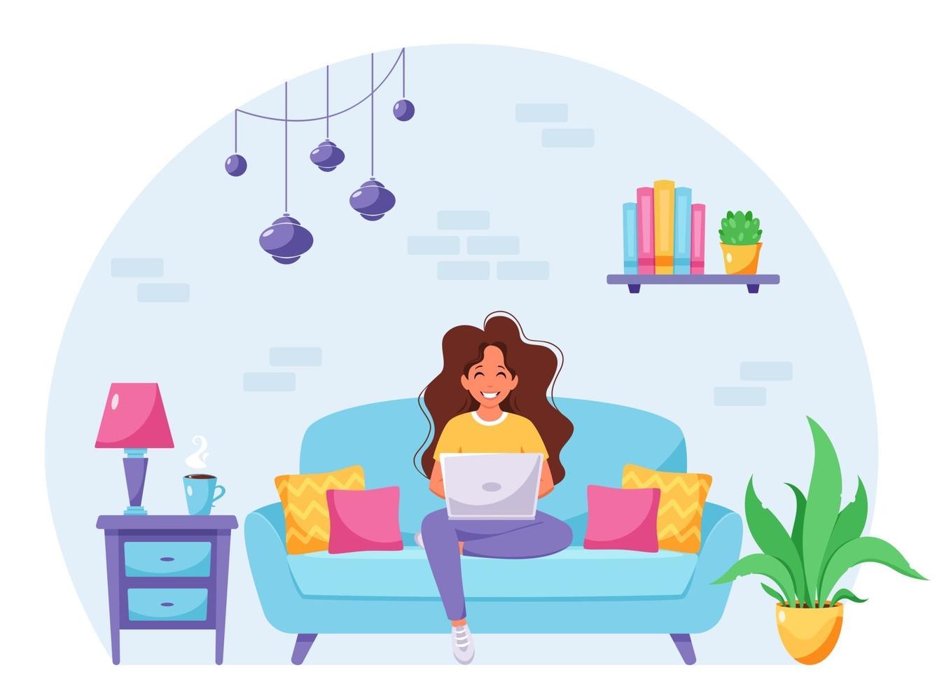 Woman sitting on a sofa and working on laptop. Freelancer, home office concept. Vector illustration