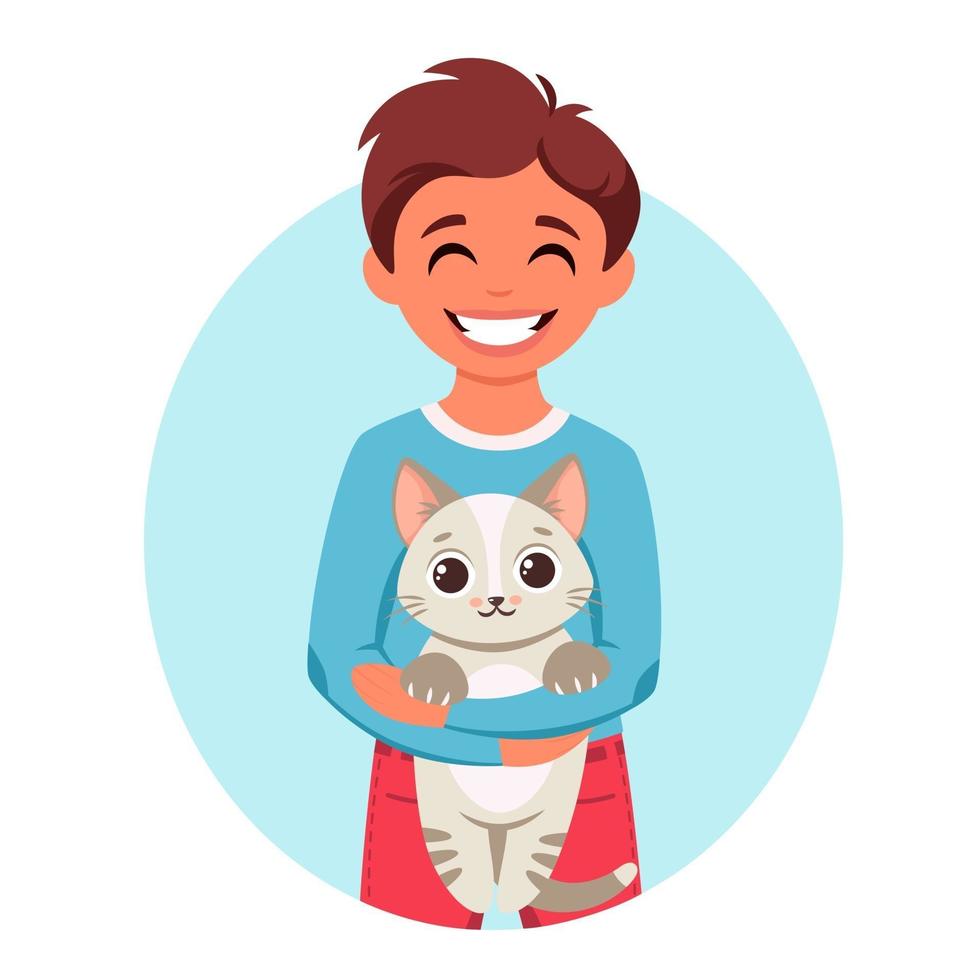 Cute boy holding a cat in his hands. Boy with pet. Vector illustration