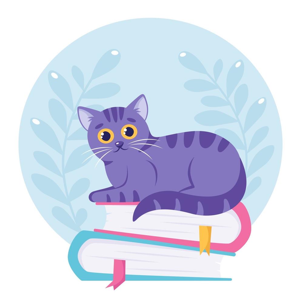 Cute cat lying on the books stack. Cat with books. Vector illustration