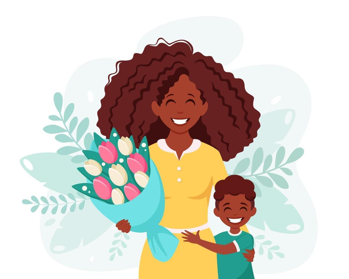 Mother's day greeting card. Black woman with bouquet of flowers and son. Vector illustration