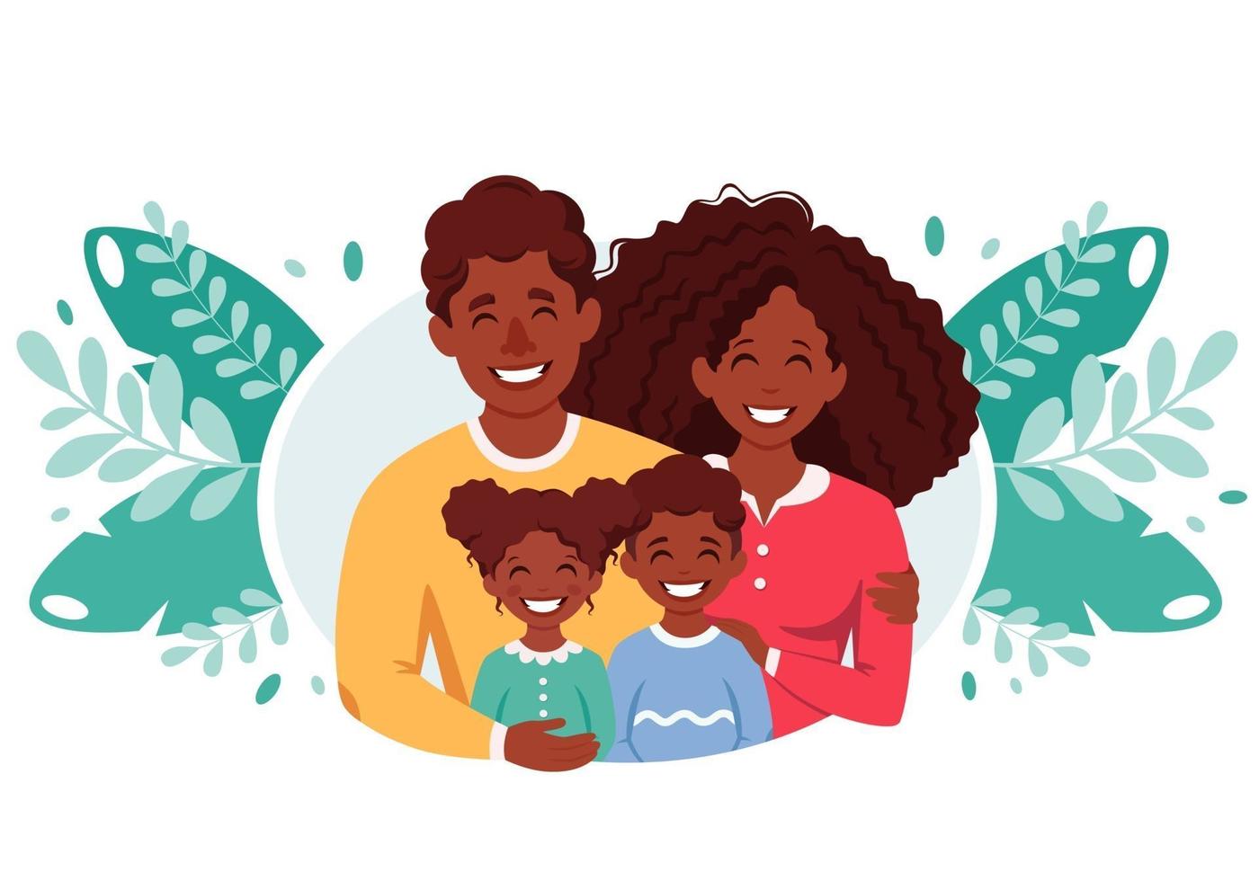 Happy african american family with son and daughter. Parents hugging children. Vector illustration