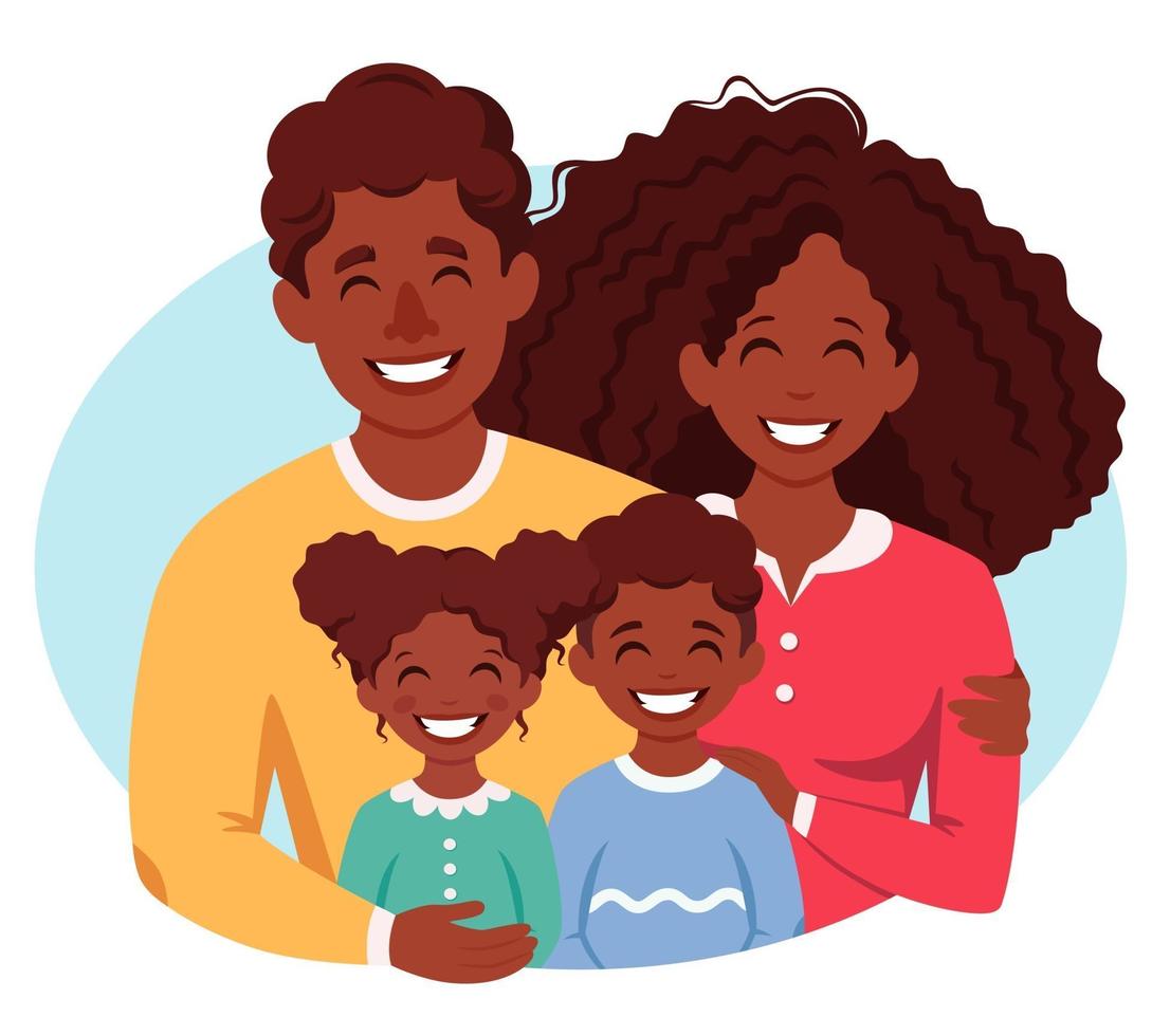 Happy african american family with son and daughter. Parents hugging children. Vector illustration