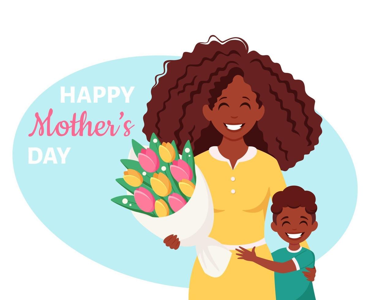 Mother's day greeting card. Black woman with bouquet of flowers and son. Vector illustration