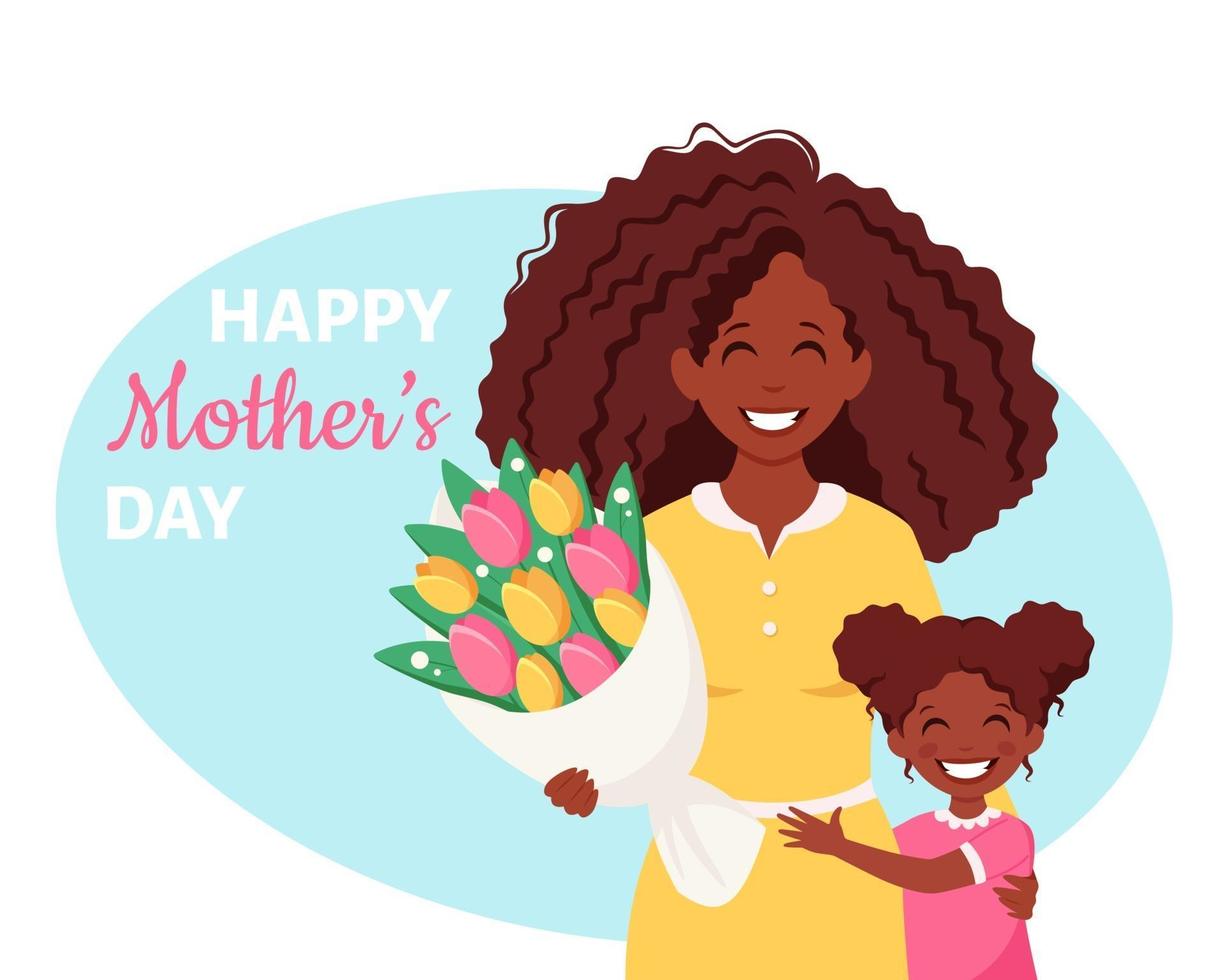 Mother's day greeting card. Black woman with bouquet of flowers and daughter. Vector illustration