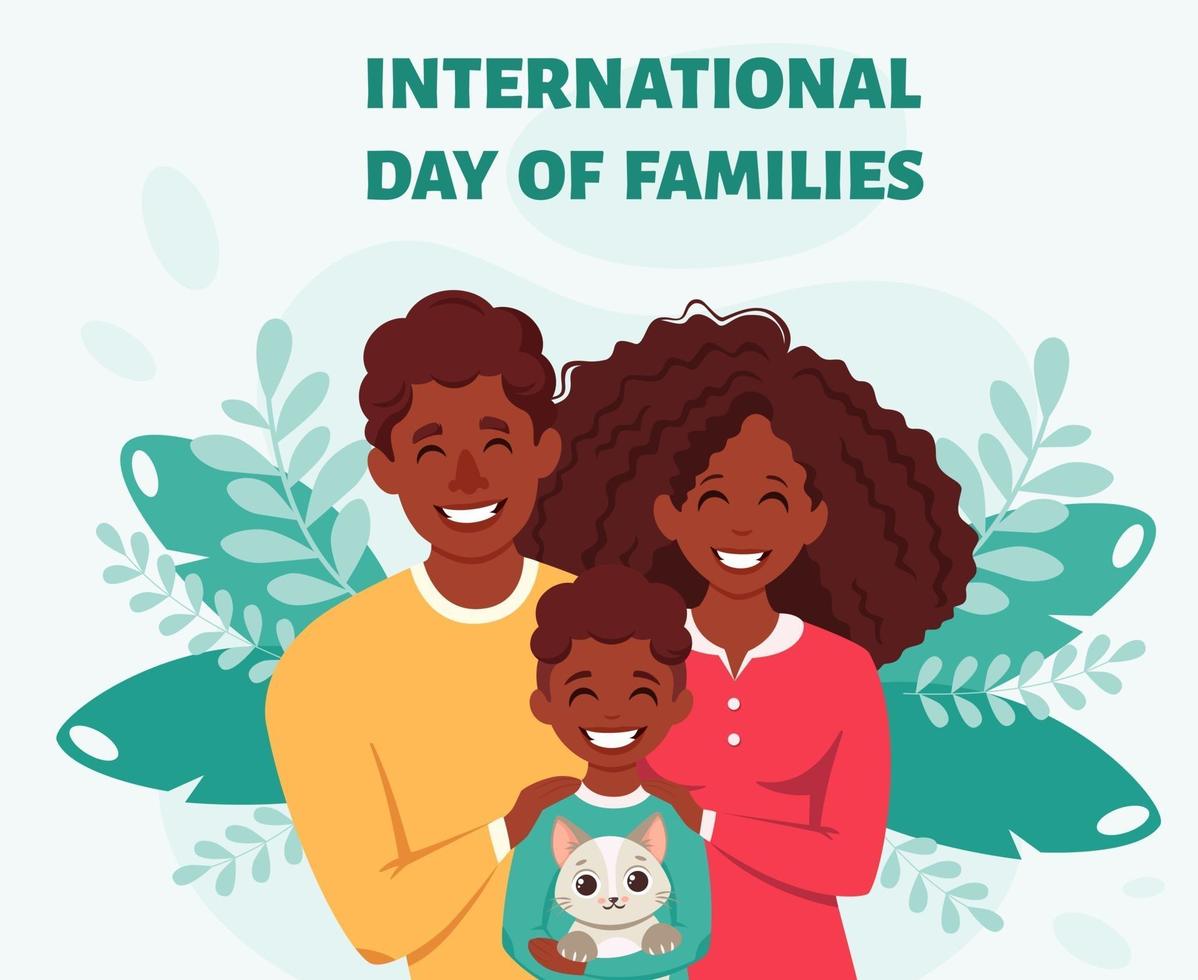 feliz familia afroamericana con hijo y gato. padres abrazando al niño. dia internacional de las familias. ilustración vectorial vector