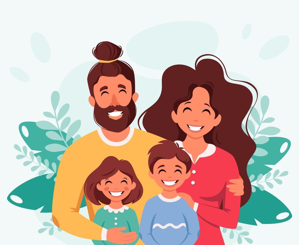 familia feliz con hijo e hija. padres abrazando a sus hijos. ilustración vectorial vector