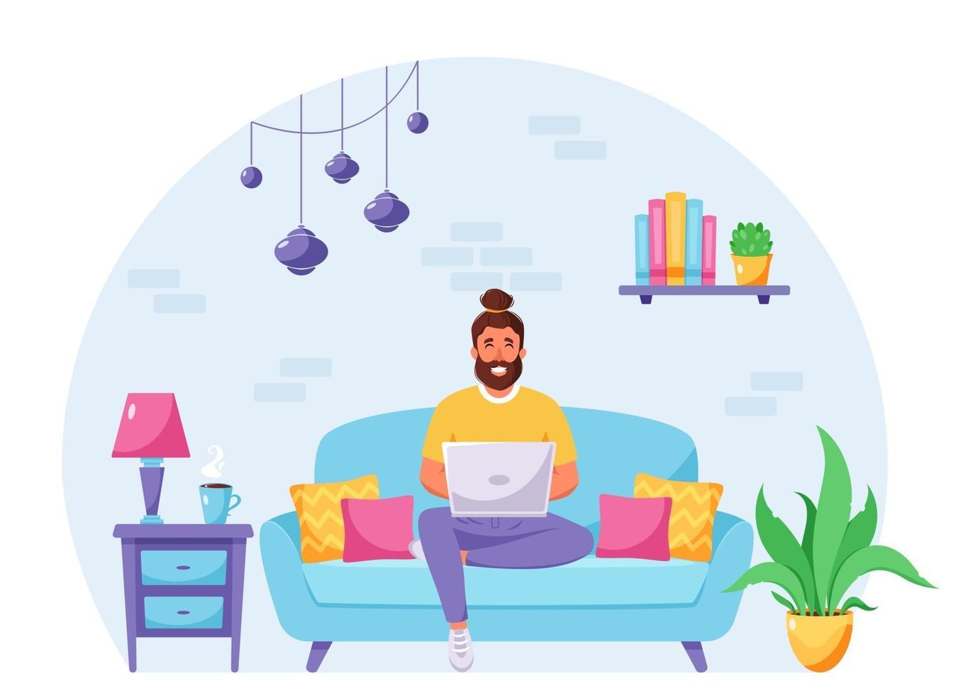 Man sitting on a sofa and working on laptop. Freelancer, home office concept. Vector illustration