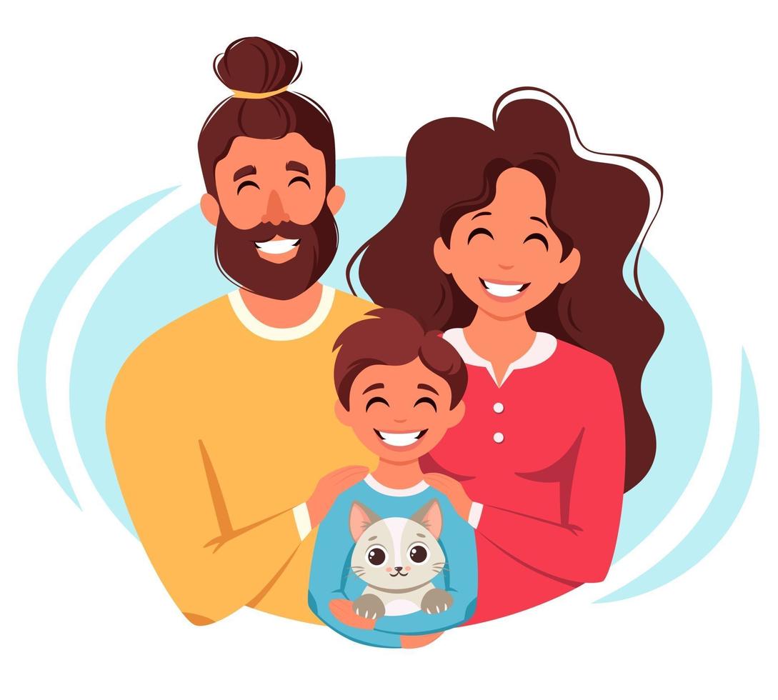 Happy family with son and cat. Parents hugging child. Vector illustration