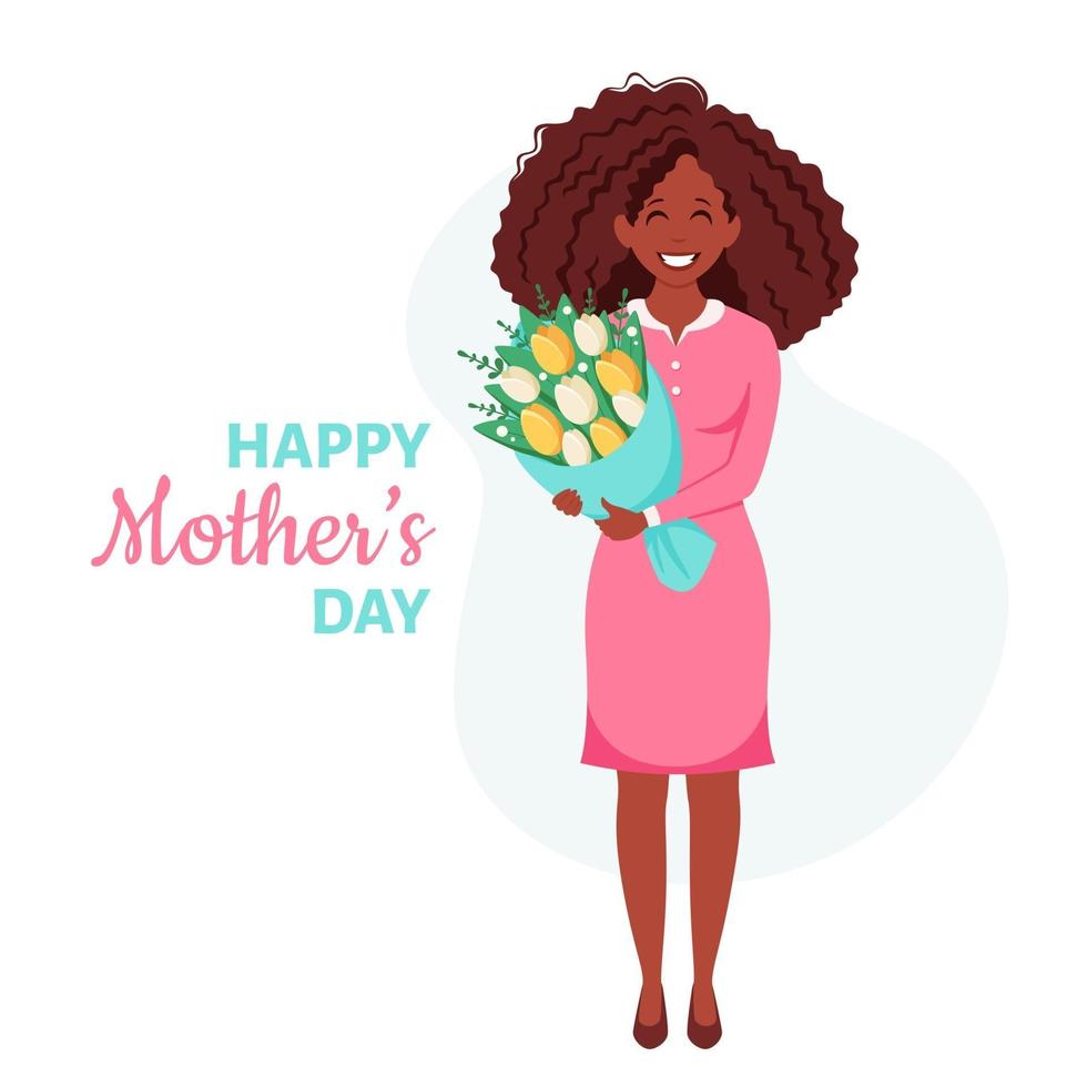 Mother's day greeting card. Black woman with bouquet of flowers. Vector illustration