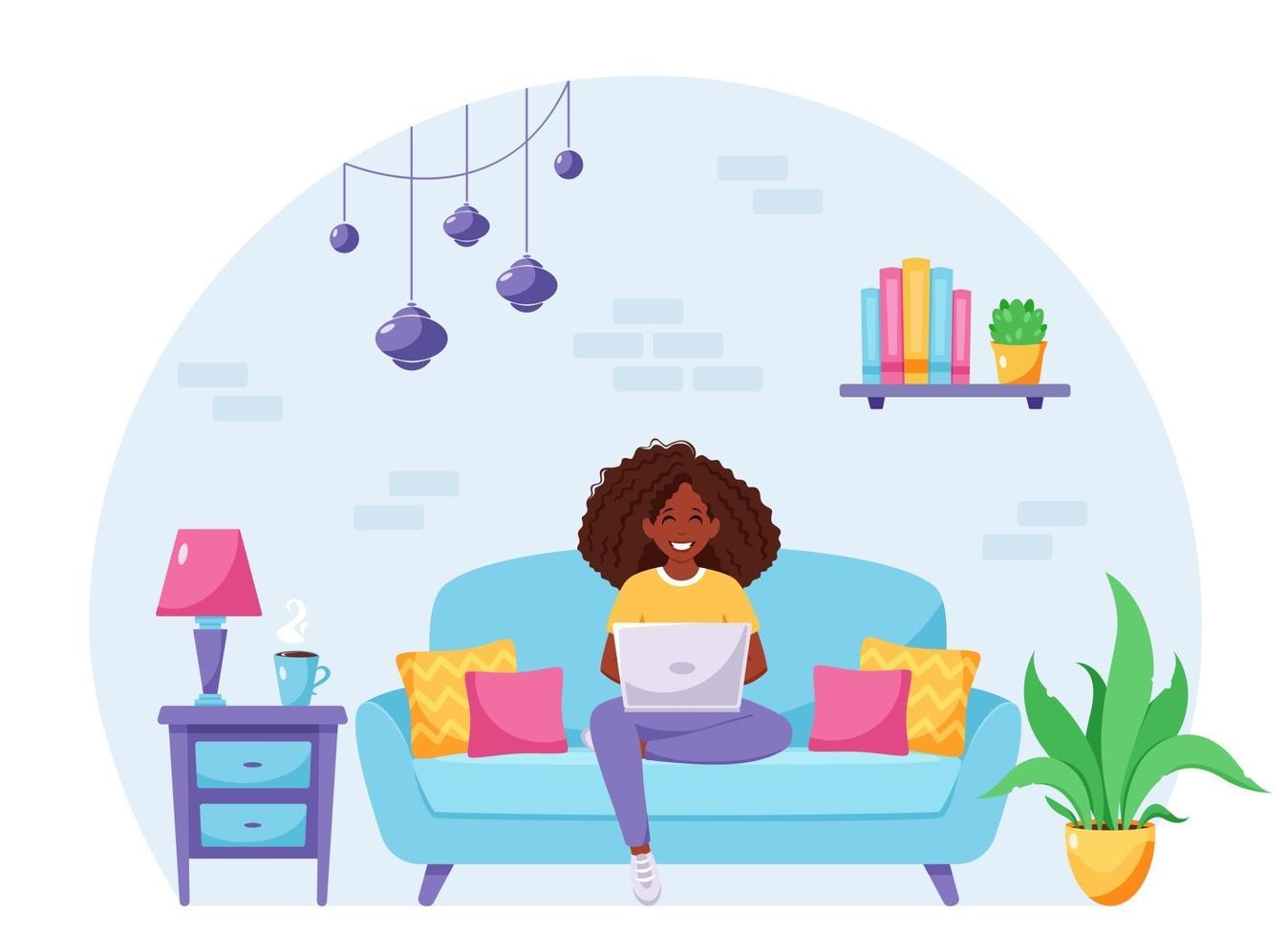 Black woman sitting on a sofa and working on laptop. Freelancer, home office  concept. Vector illustration