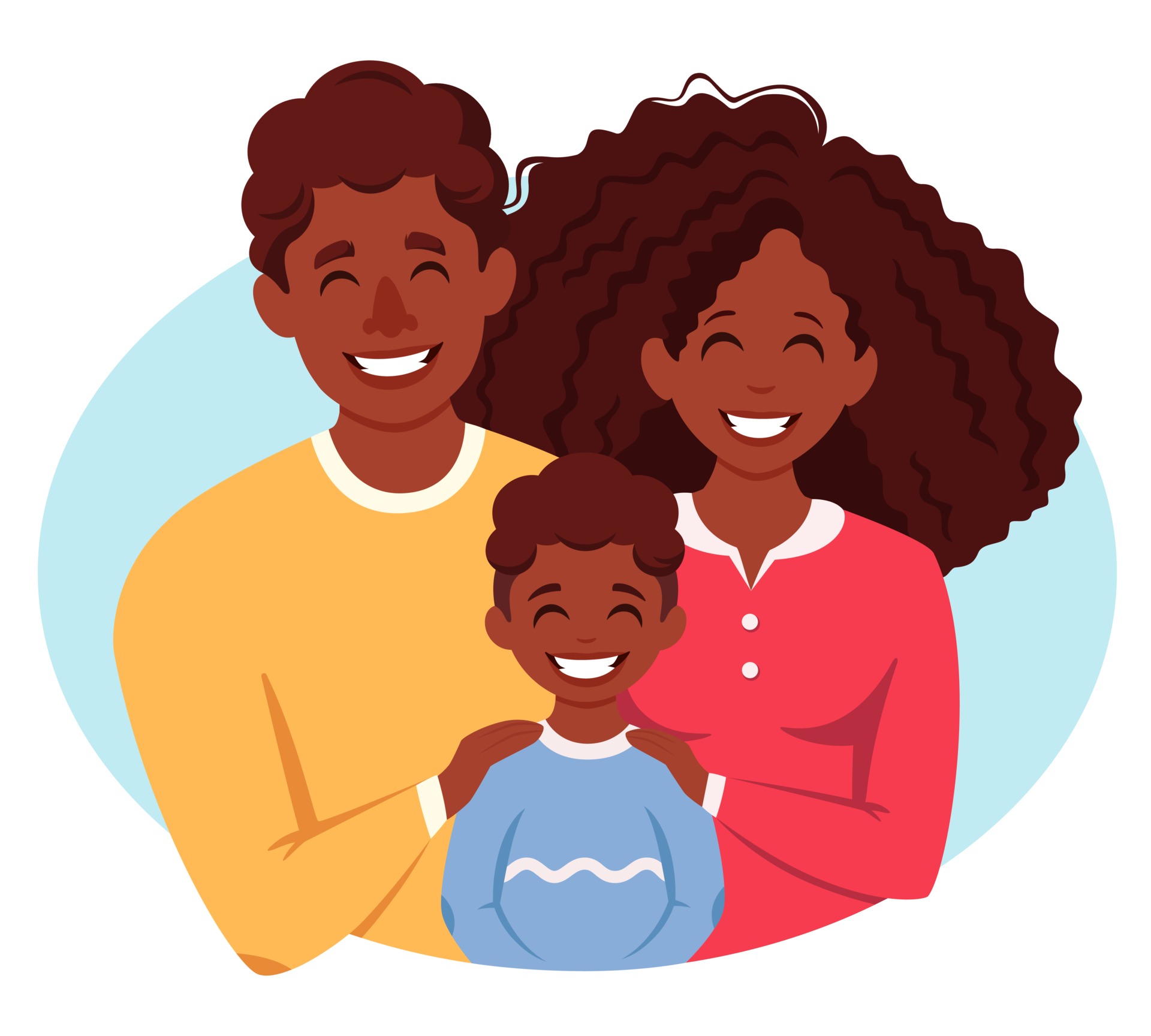 Happy african american family with son. Parents hugging child. Vector