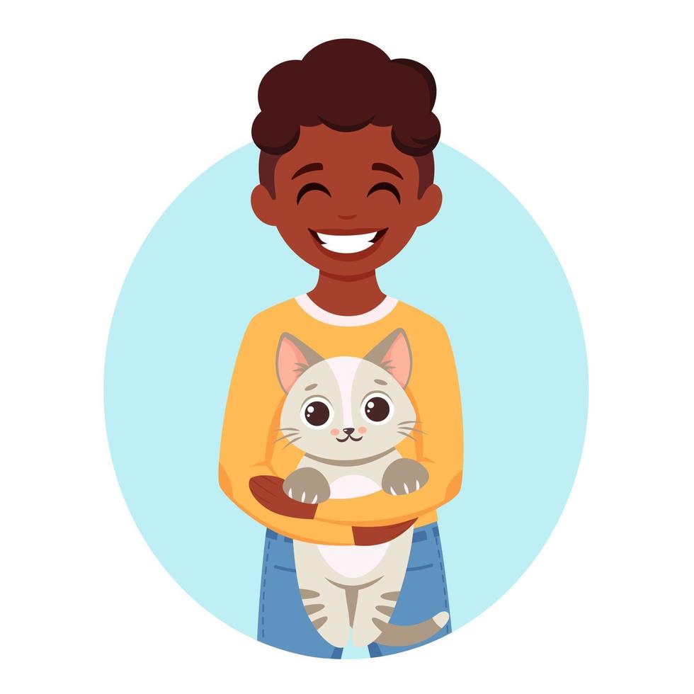 Cute african american boy holding a cat in his hands. Black boy with pet. Vector illustration