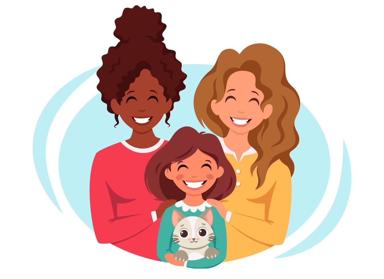 Lesbian family with daughter and cat. LGBT family. Vector illustration.