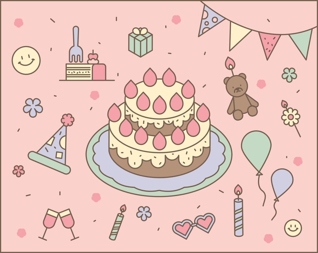 Birthday party cakes and decorations. outline simple vector illustration.