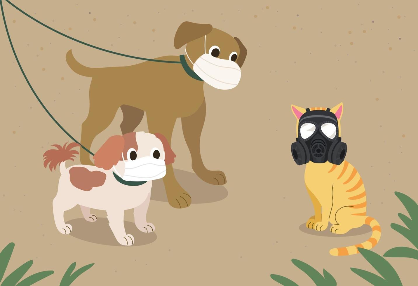 The air is bad with fine dust. Dogs and cats are wearing masks. hand drawn style vector design illustrations.