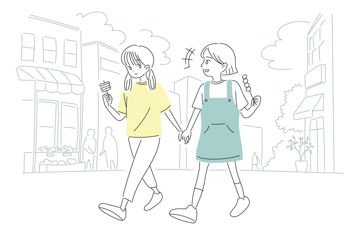 chicas lindas están comiendo bocadillos en la calle. ilustraciones de diseño de vectores de estilo dibujado a mano.