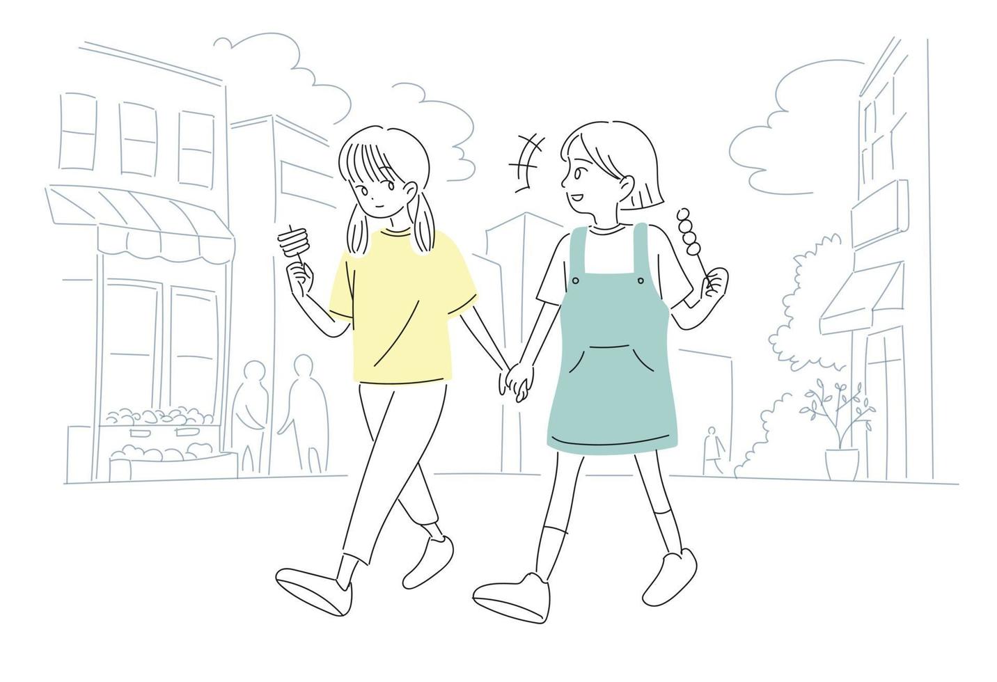 Cute girls are eating snacks on the street. hand drawn style vector design illustrations.