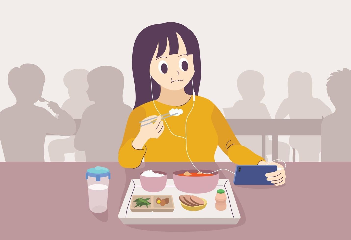 una mujer comiendo con auriculares. ilustraciones de diseño de vectores de estilo dibujado a mano.