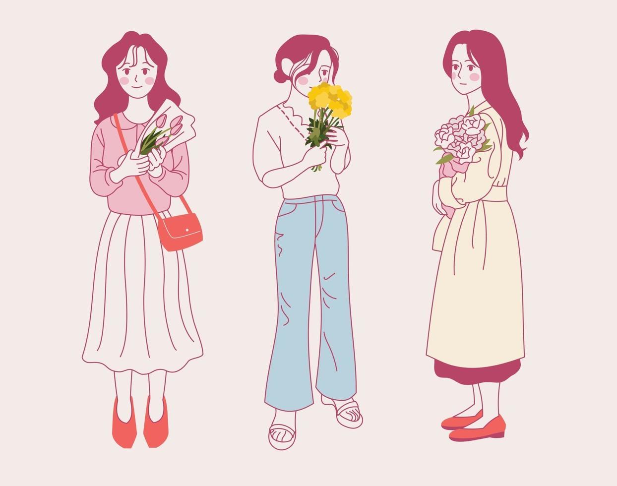 Girls standing with flowers. hand drawn style vector design illustrations.