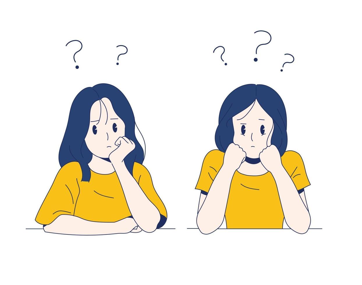 The girls are sitting with their chins thinking. hand drawn style vector design illustrations.