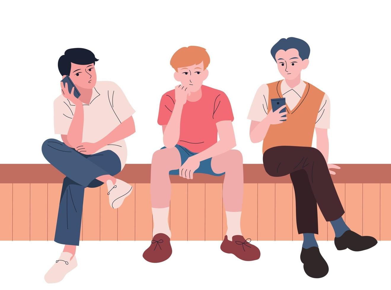 The men are sitting on the bench and looking at their cell phones. hand drawn style vector design illustrations.