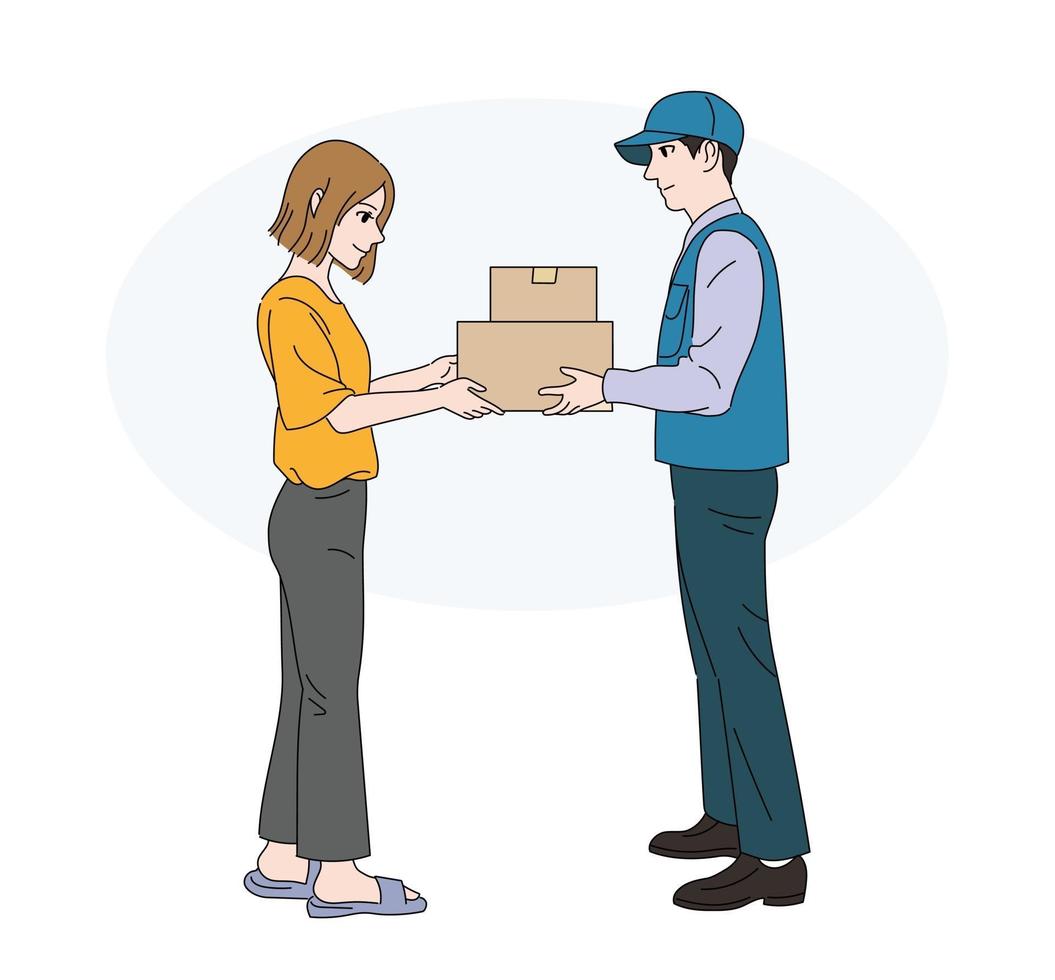 A delivery man delivering an item to a customer. hand drawn style vector design illustrations.