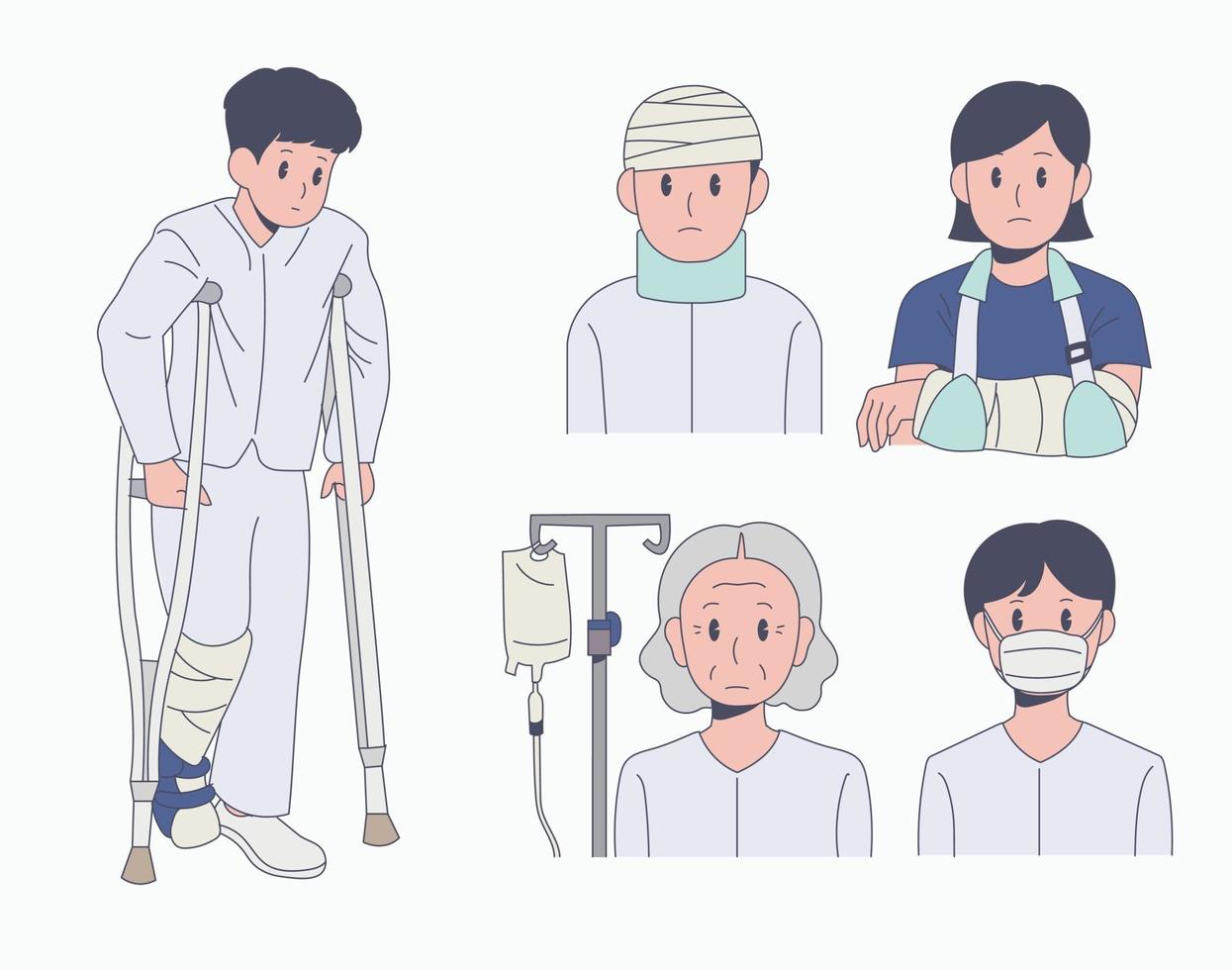 Patient character in hospital uniform. hand drawn style vector design illustrations.