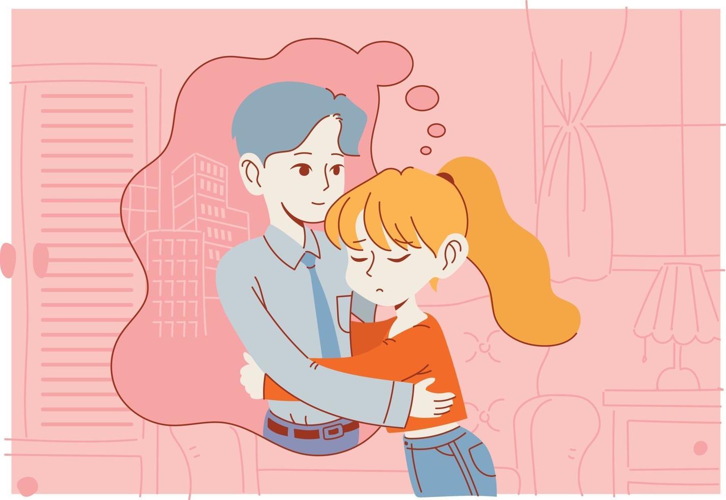 A girl is hugging her imaginary boyfriend. hand drawn style vector design illustrations.