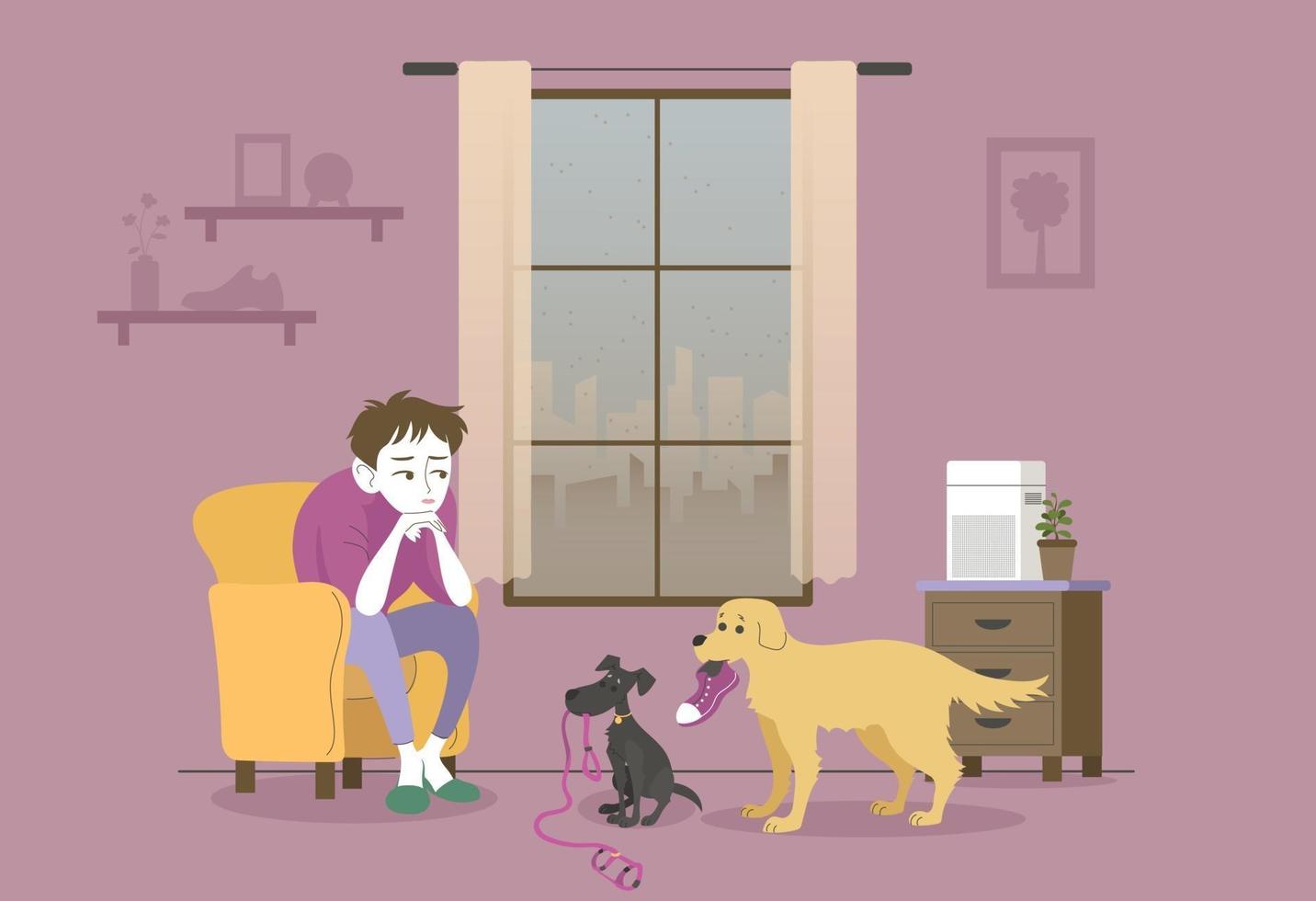 Dogs unable to go for a walk because the outside air is bad. hand drawn style vector design illustrations.