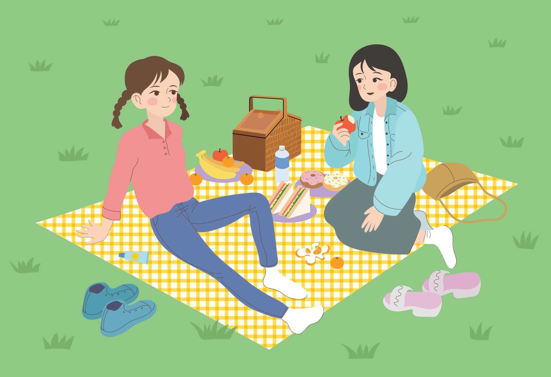 Two friends are having a picnic in the park. hand drawn style vector