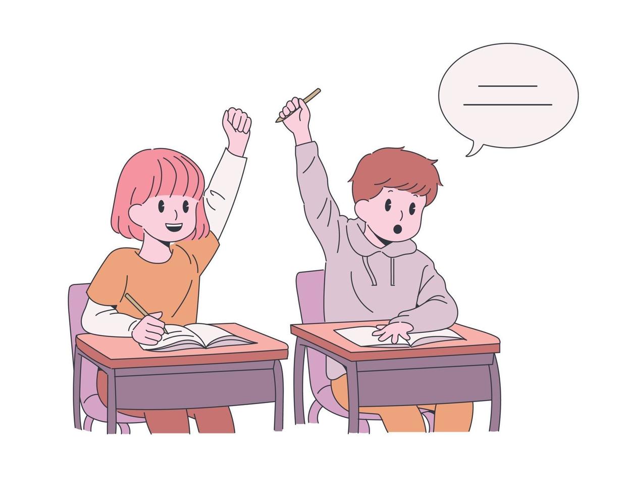 Cute student. Children raising their hands and making a presentation. hand drawn style vector design illustrations.