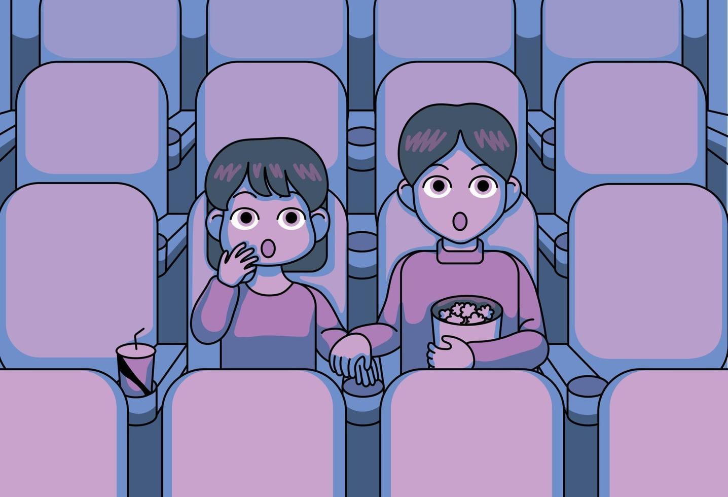 una linda pareja está viendo una película de terror en el cine. ilustraciones de diseño de vectores de estilo dibujado a mano.