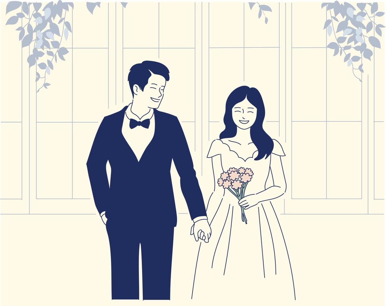 Groom and bride characters. hand drawn style vector design illustrations.