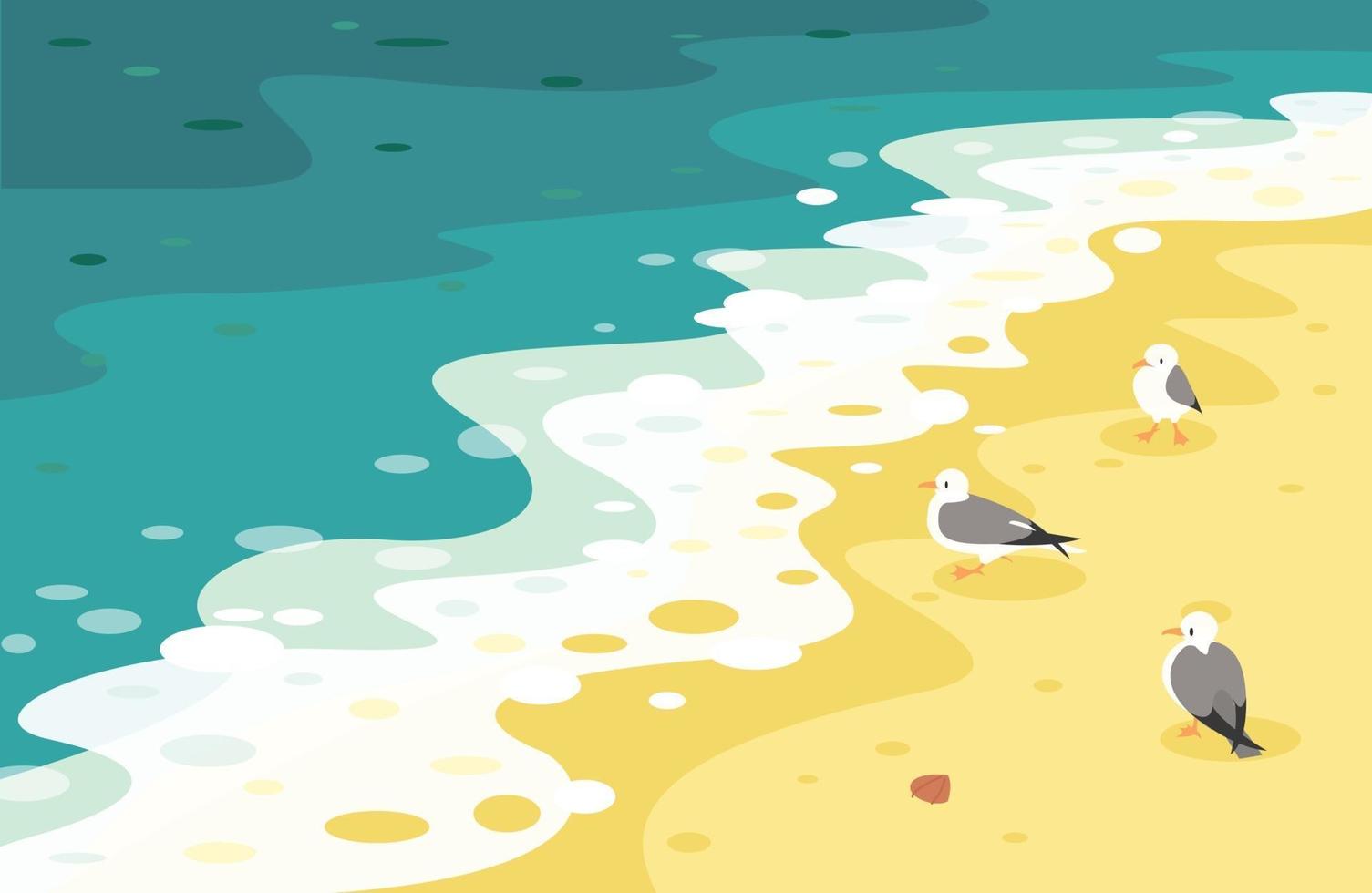Seagulls on the beach hit by the waves. hand drawn style vector design illustrations.