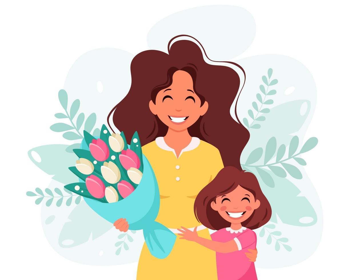 Mother's day greeting card. Woman with bouquet of flowers and daughter. Vector illustration