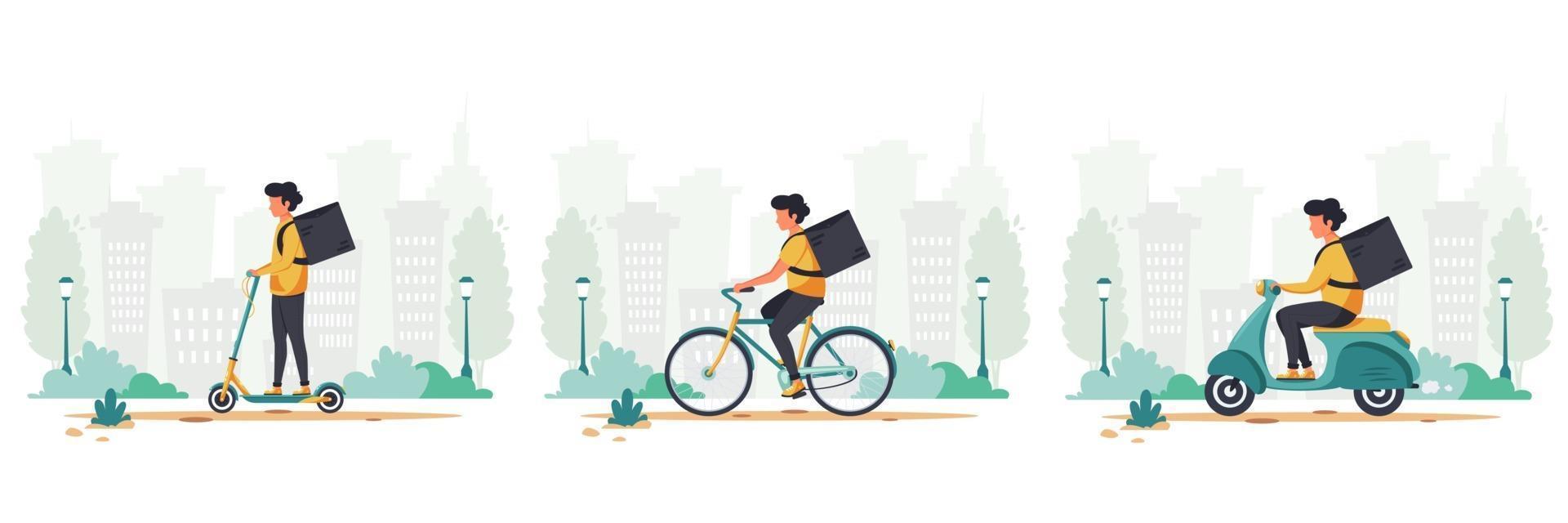 Delivery service concept by scooter, bicycle and electrical scooter set vector