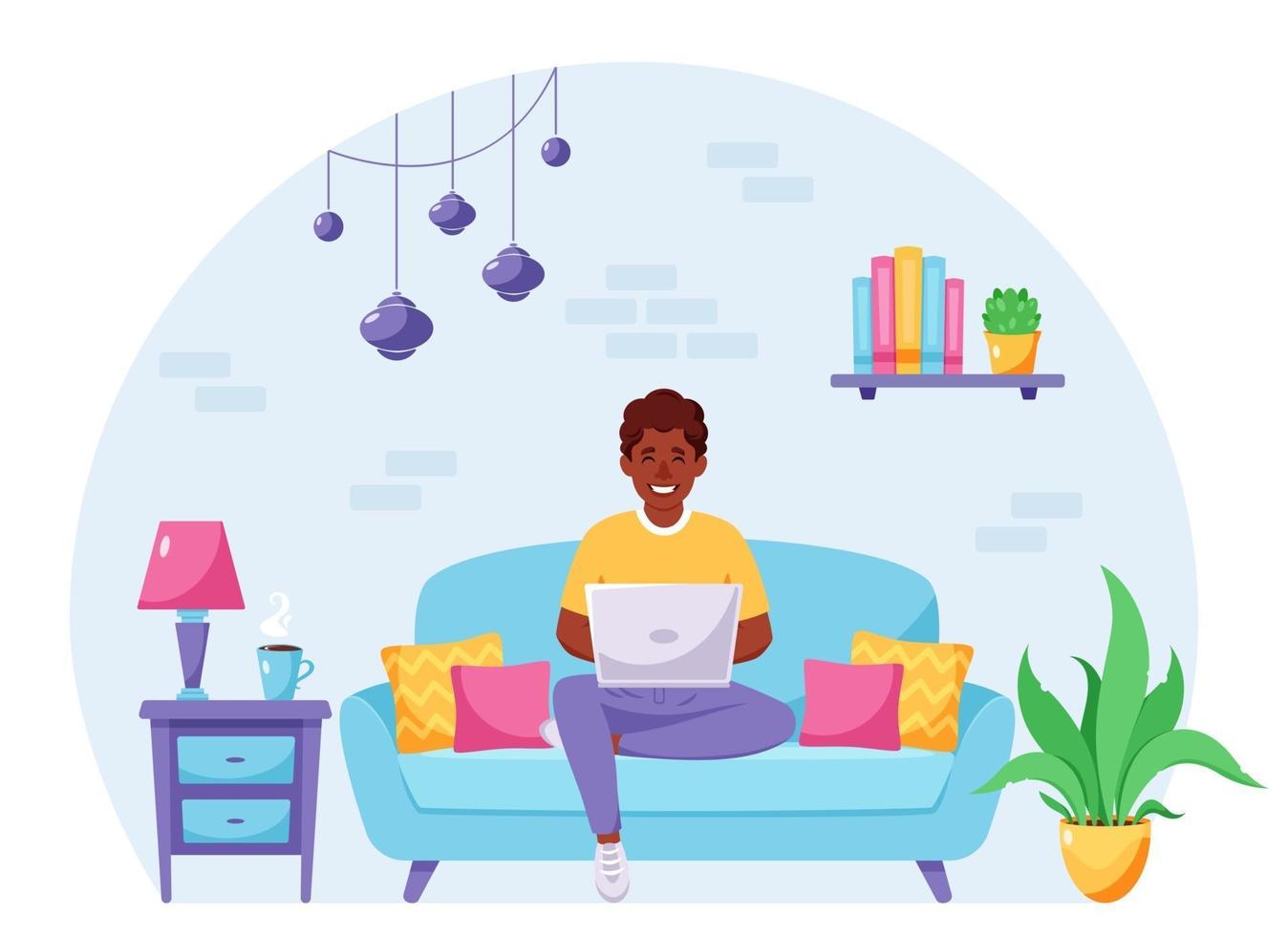African american man sitting on a sofa and working on laptop. Freelancer, home office concept. Vector illustration