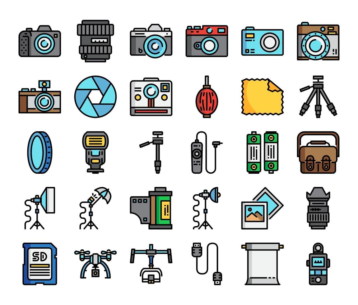 camera and equipment color outline vector icons