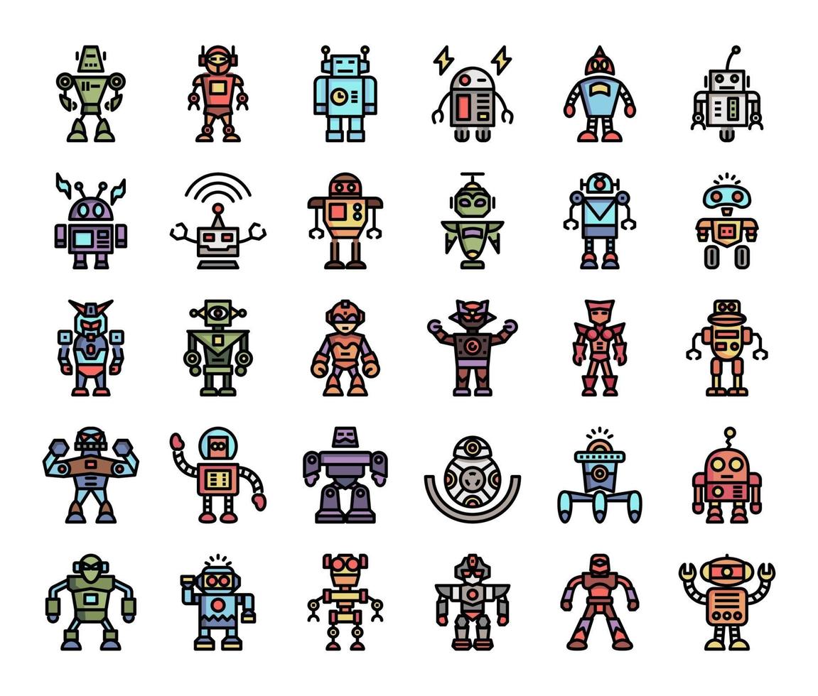 iconos de vector de contorno de color de robot